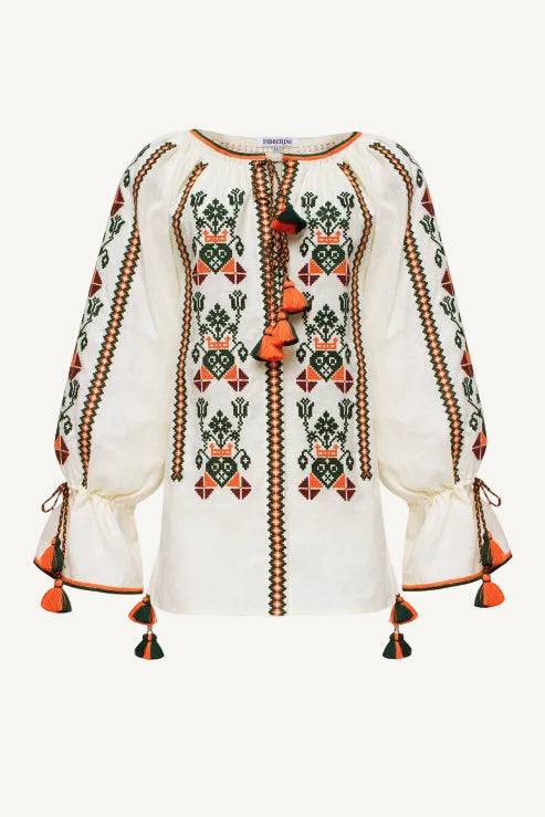 Slavic motif embroidered linen blouse
