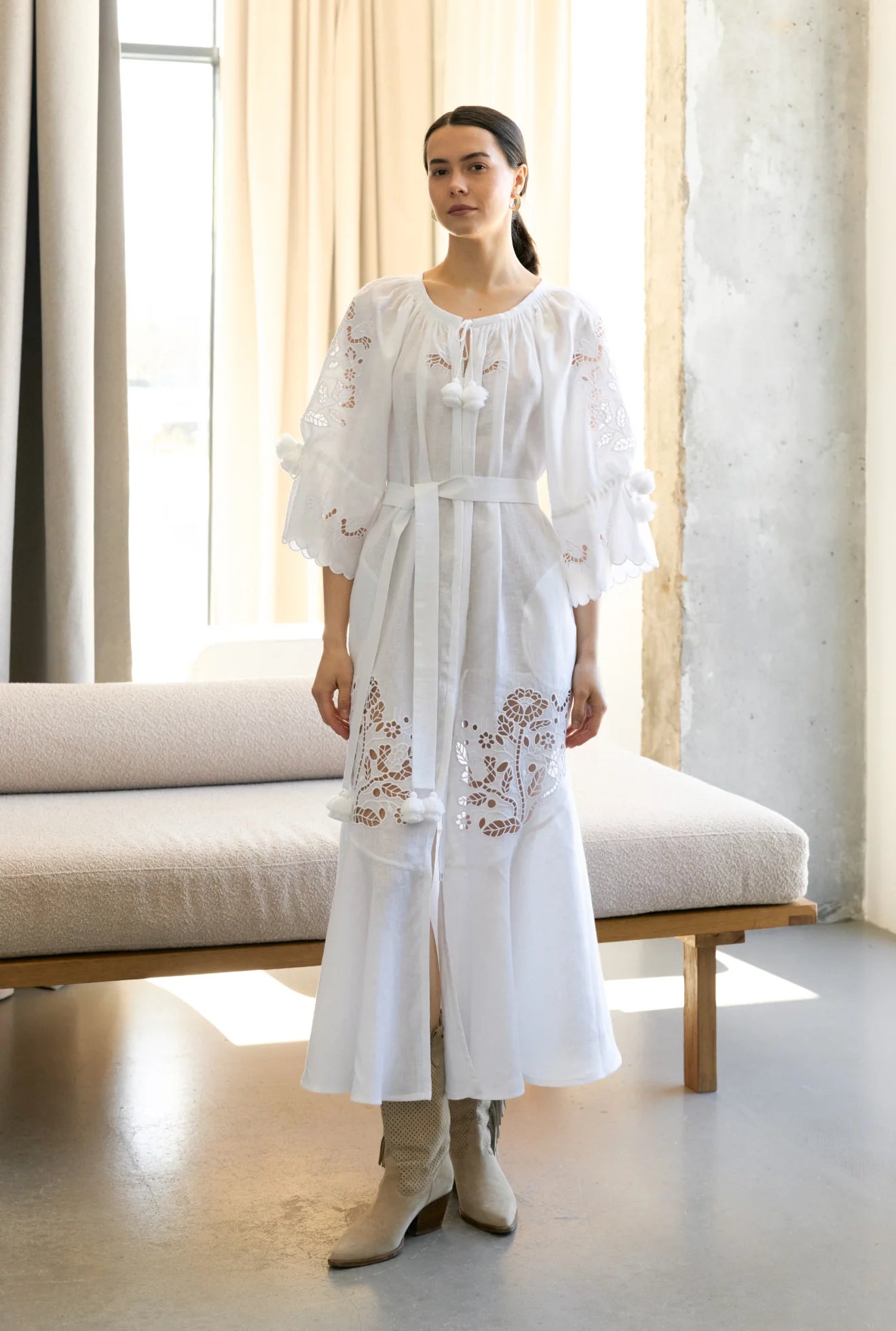 Tree of Life White embroidered linen Maxi Dress