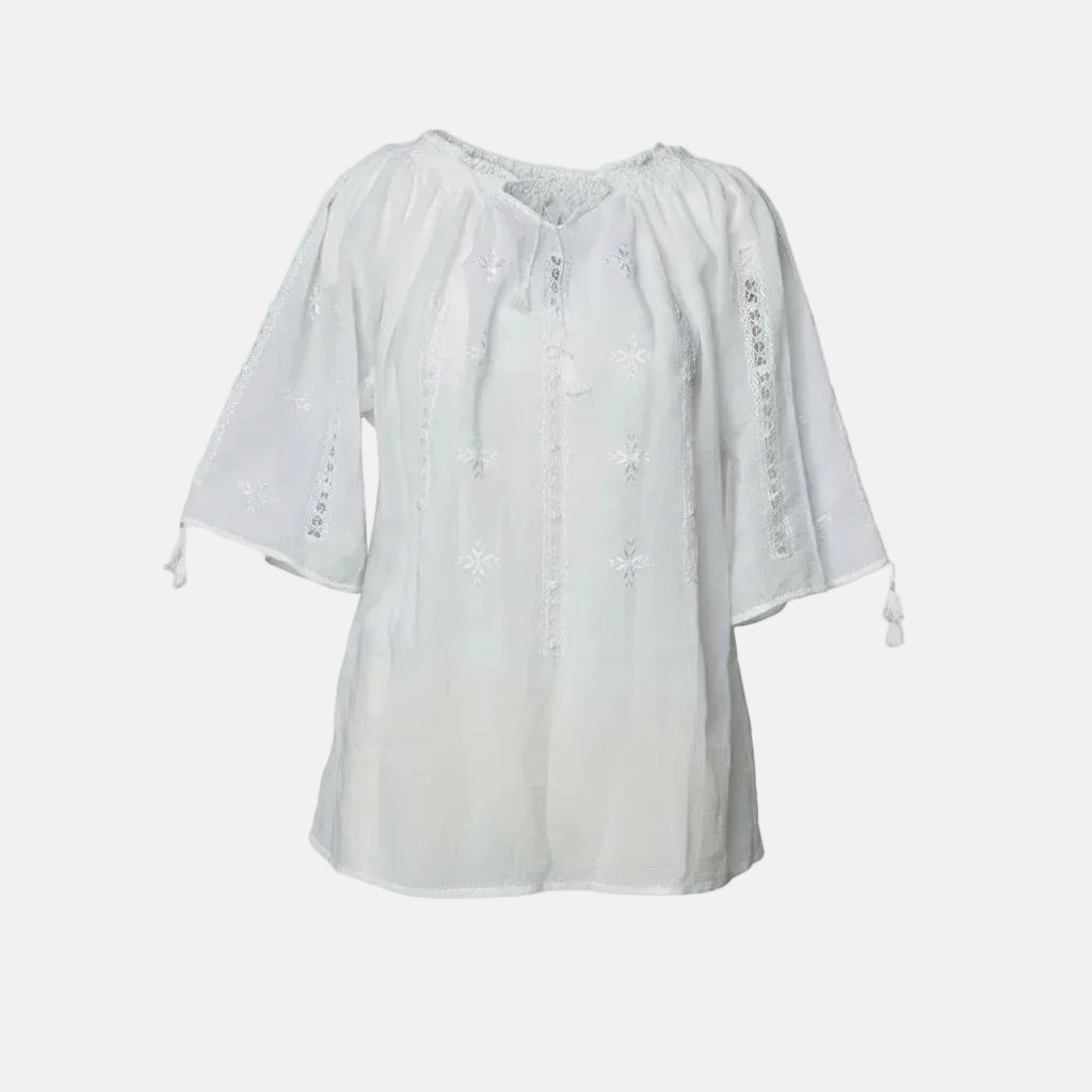 White blouse with ruffled sleeves on a white background
