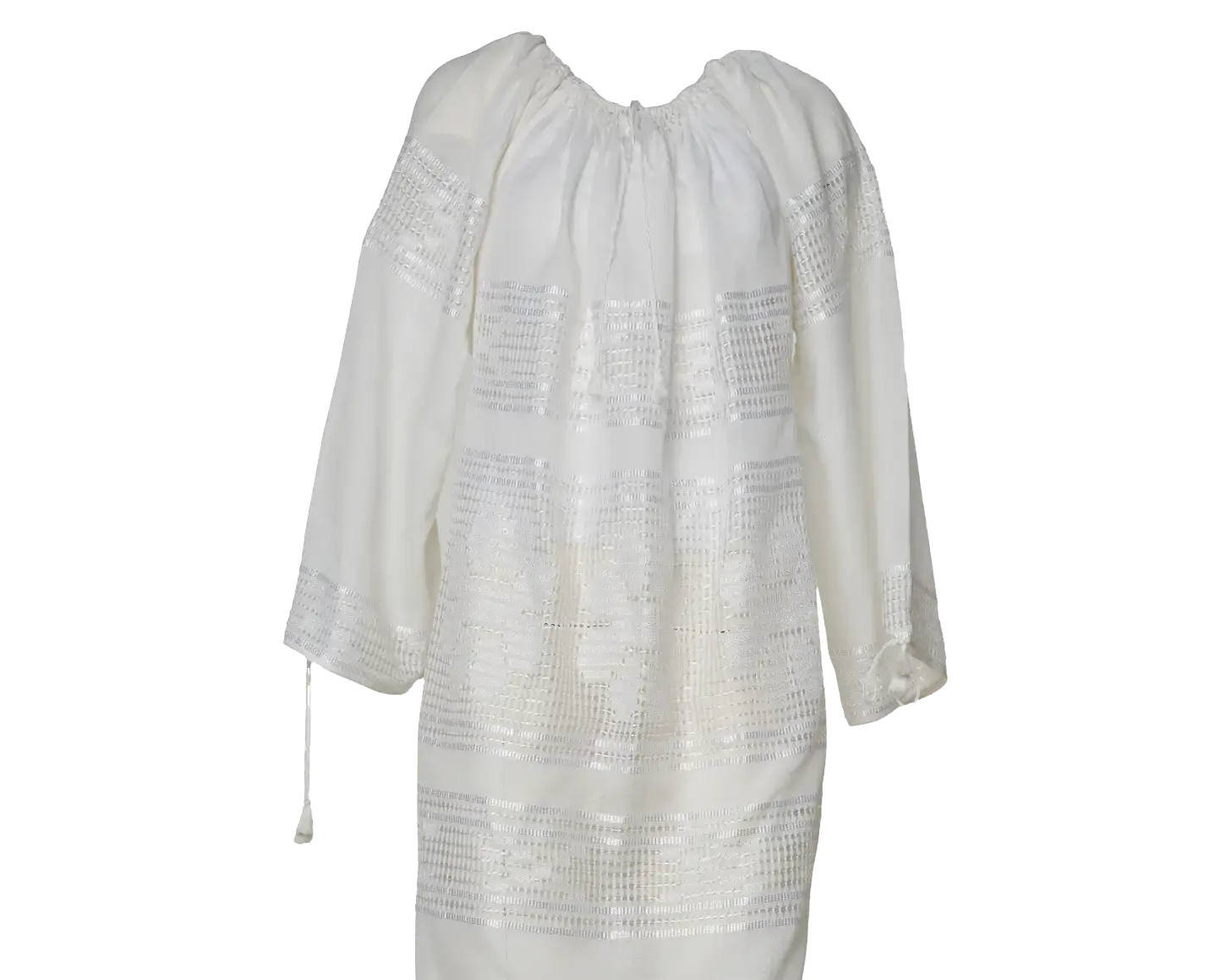 A long white or off-white dress with three-quarter sleeves and horizontal embroidered or lace-like bands across the bodice and skirt, shown against a plain white background.