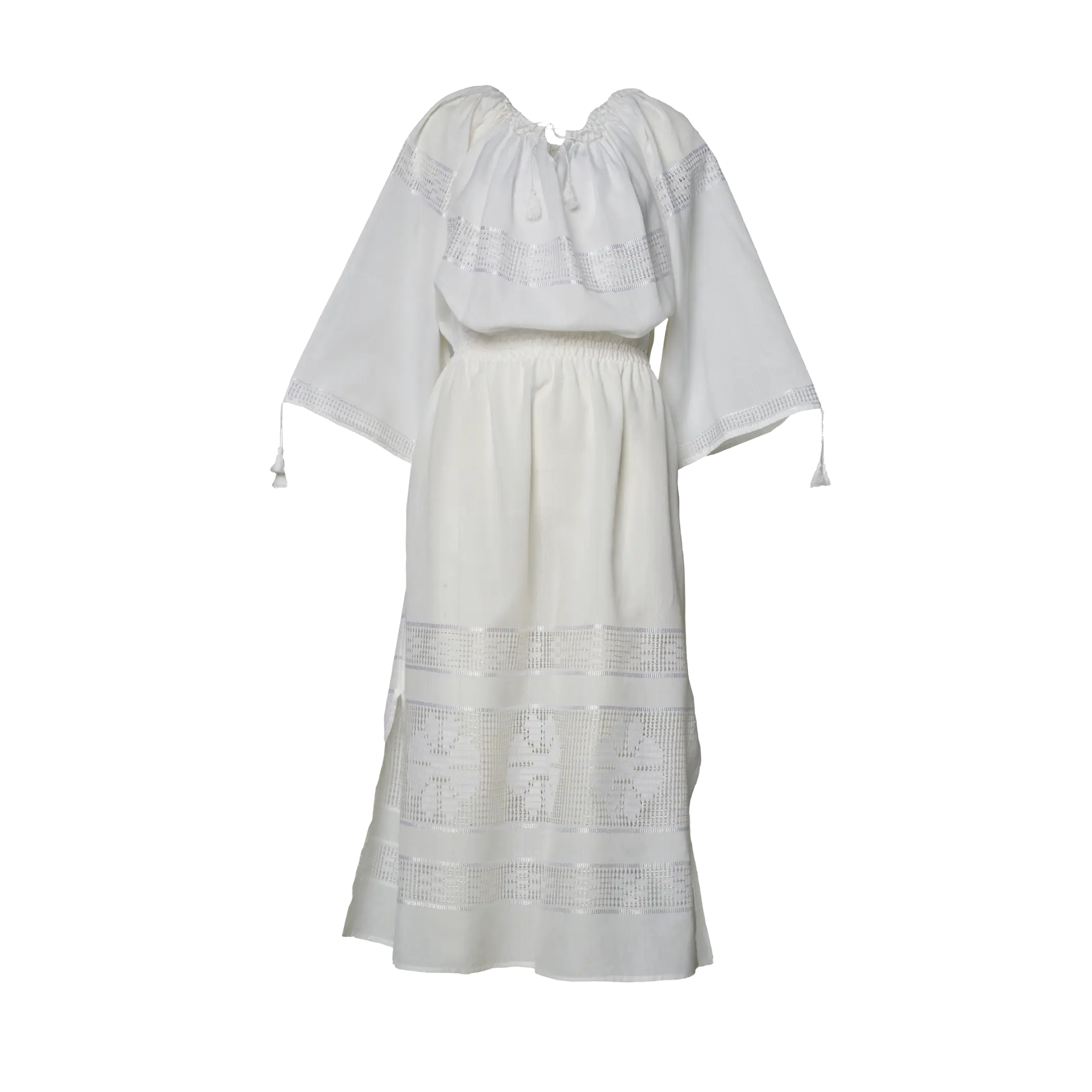 Hand-Loomed Romanian Heritage Midi Dress in White— One of a Kind