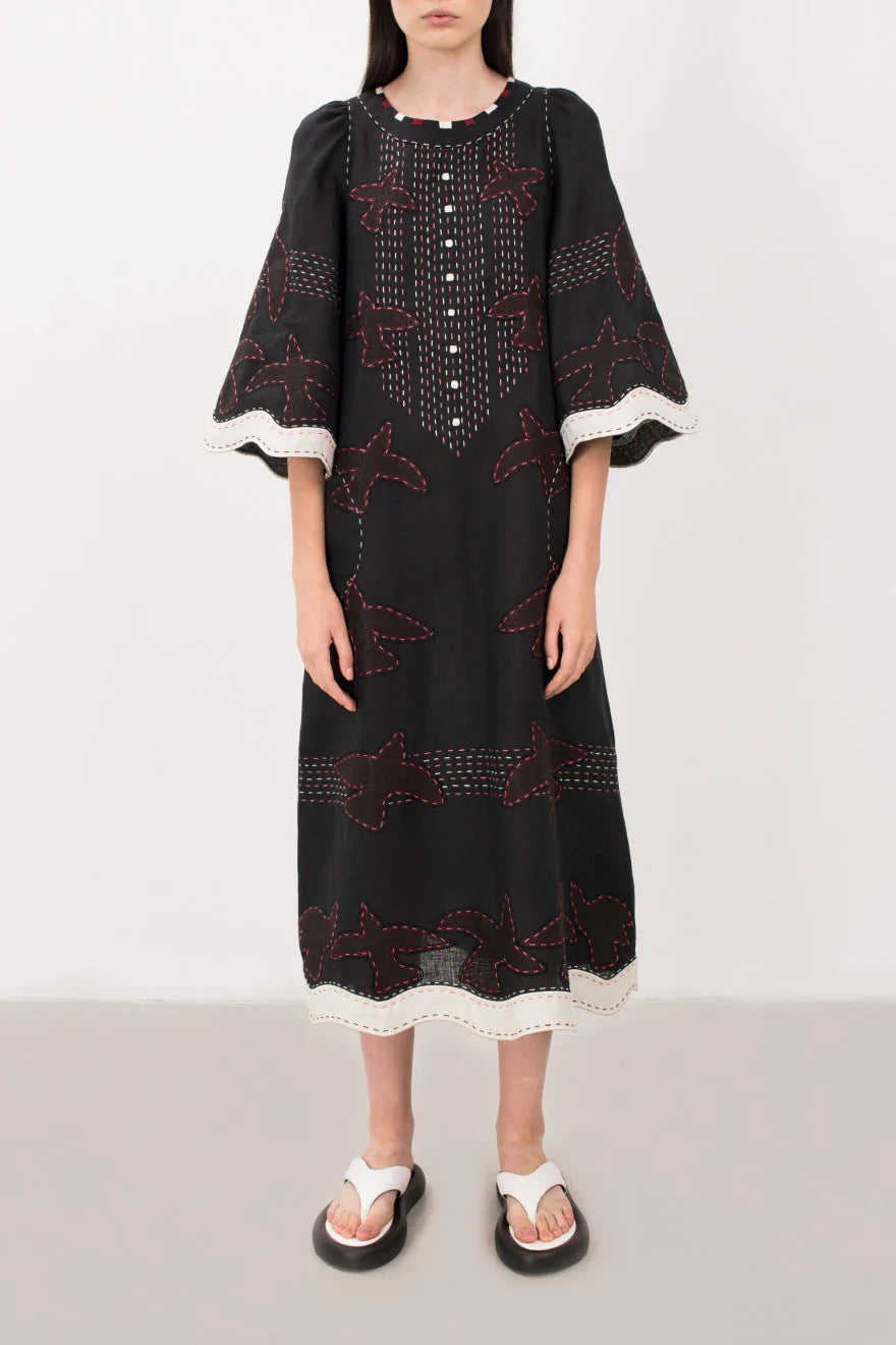 natural linen dress embroidery detail neckline