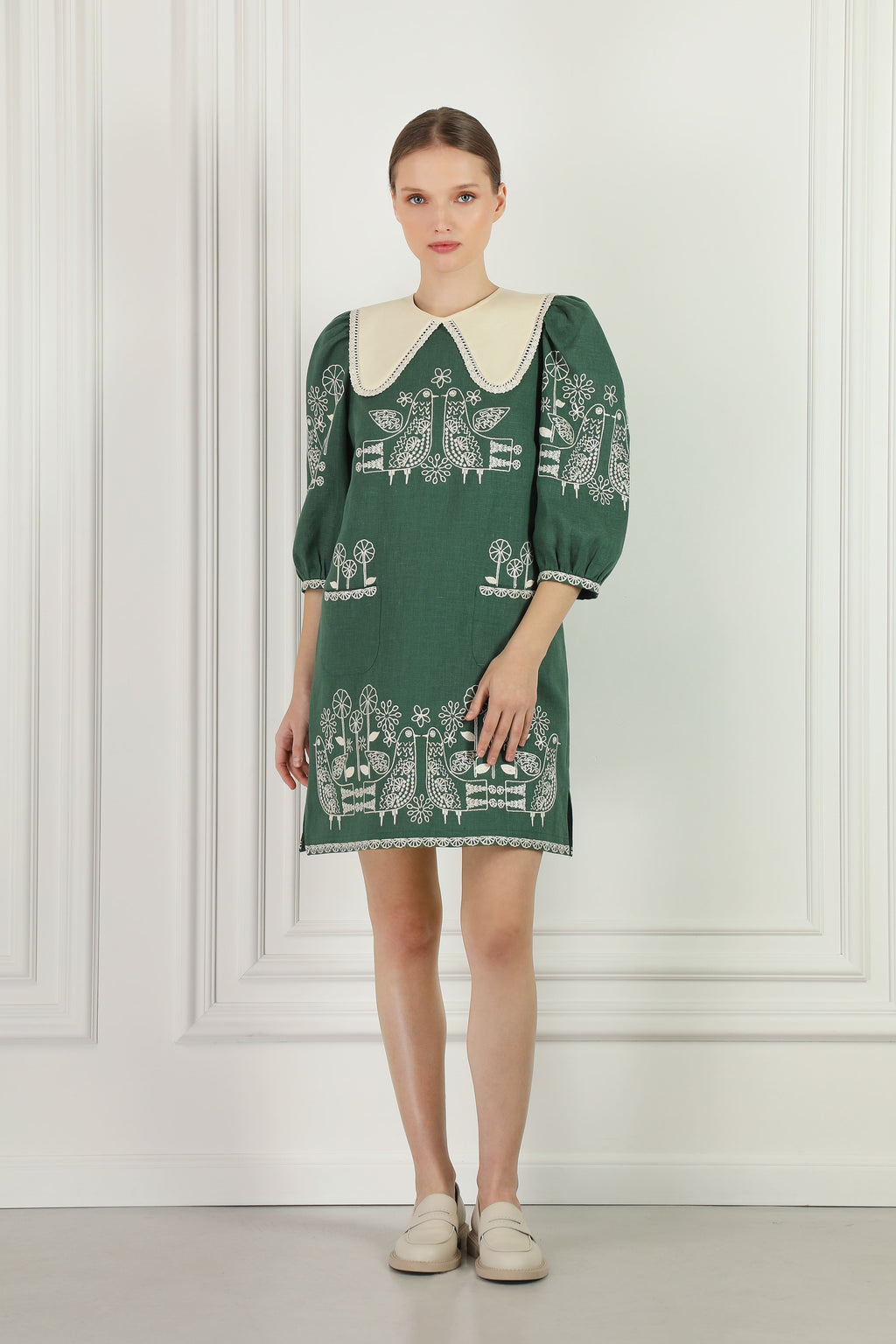 Green Linen Mini Dress with Embroidery and Collar Zozulya
