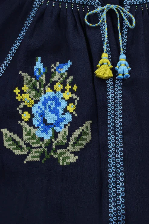 Evelyn Floral Embroidered Dress in Navy Blue