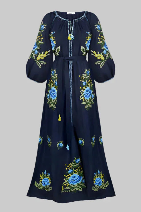 Evelyn Floral Embroidered Dress in Navy Blue