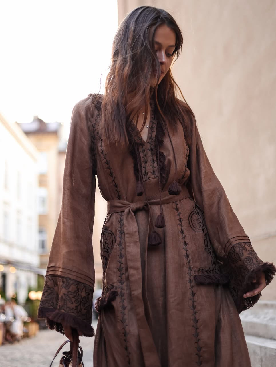 Eternal Heritage Brown Embroidered Linen Maxi Dress