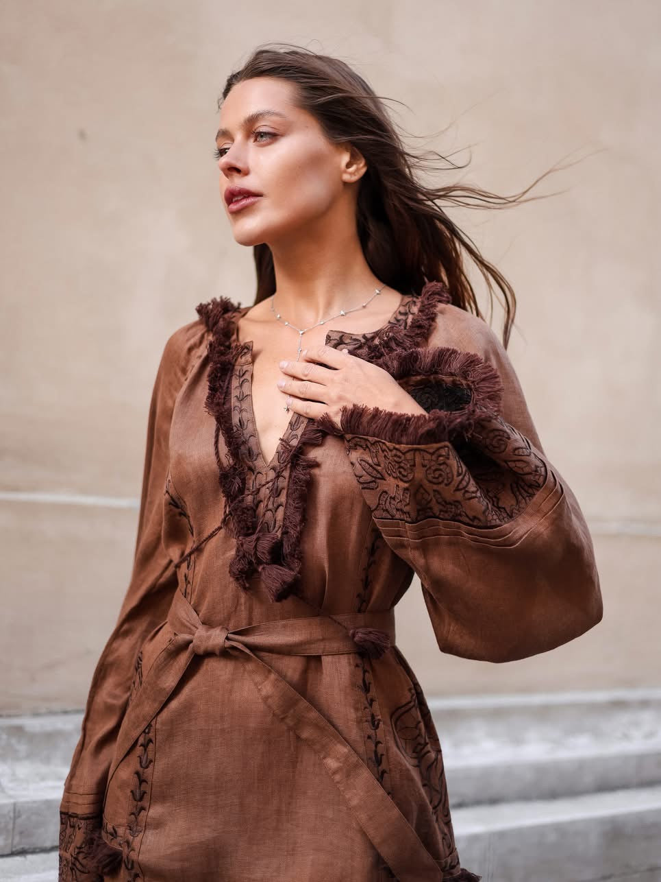 Eternal Heritage Brown Embroidered Linen Maxi Dress