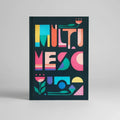 Colorful geometric design on a black background with 'Multimelo' text, placed on a soft pink fabric.