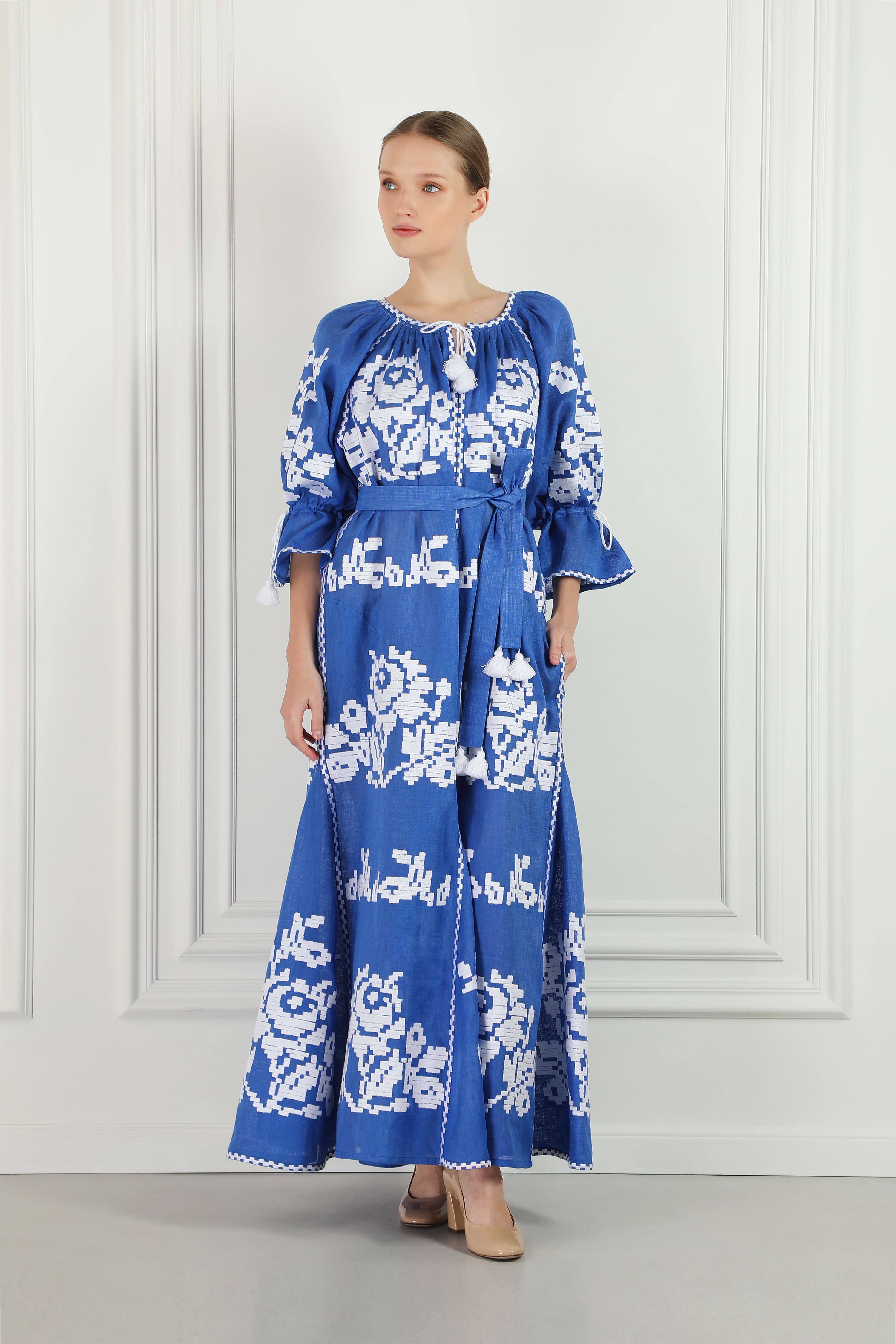 blue embroidered maxi dress linen bohemian luxury