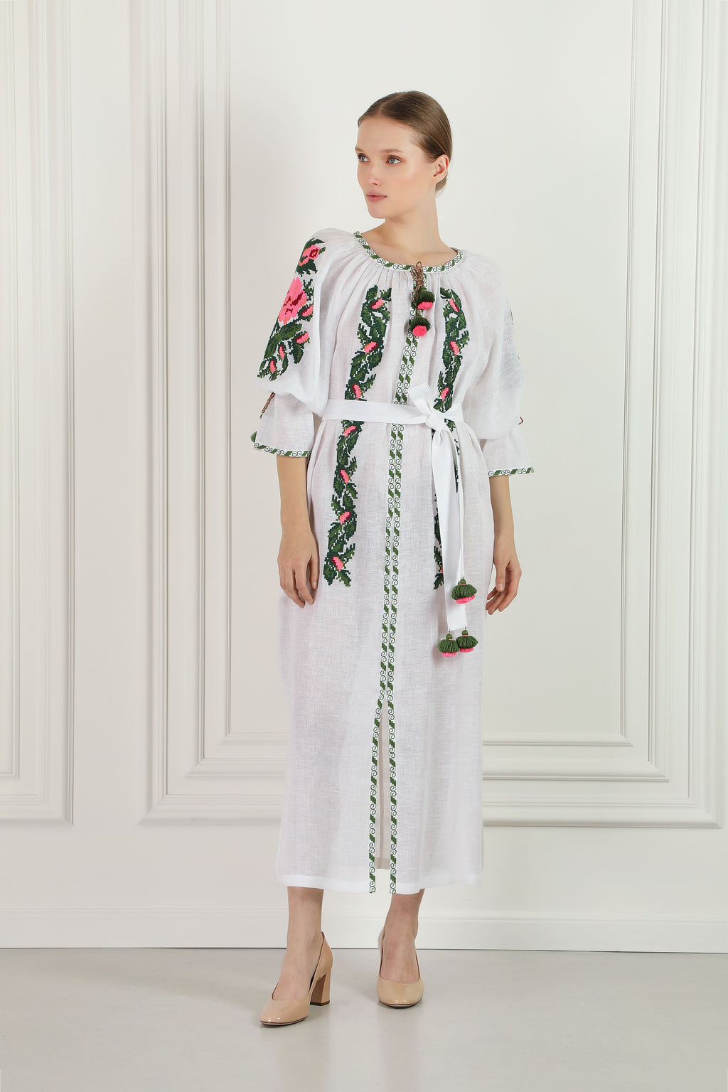 Floral Embroidered White Linen Beach Tunic Dress Foberini