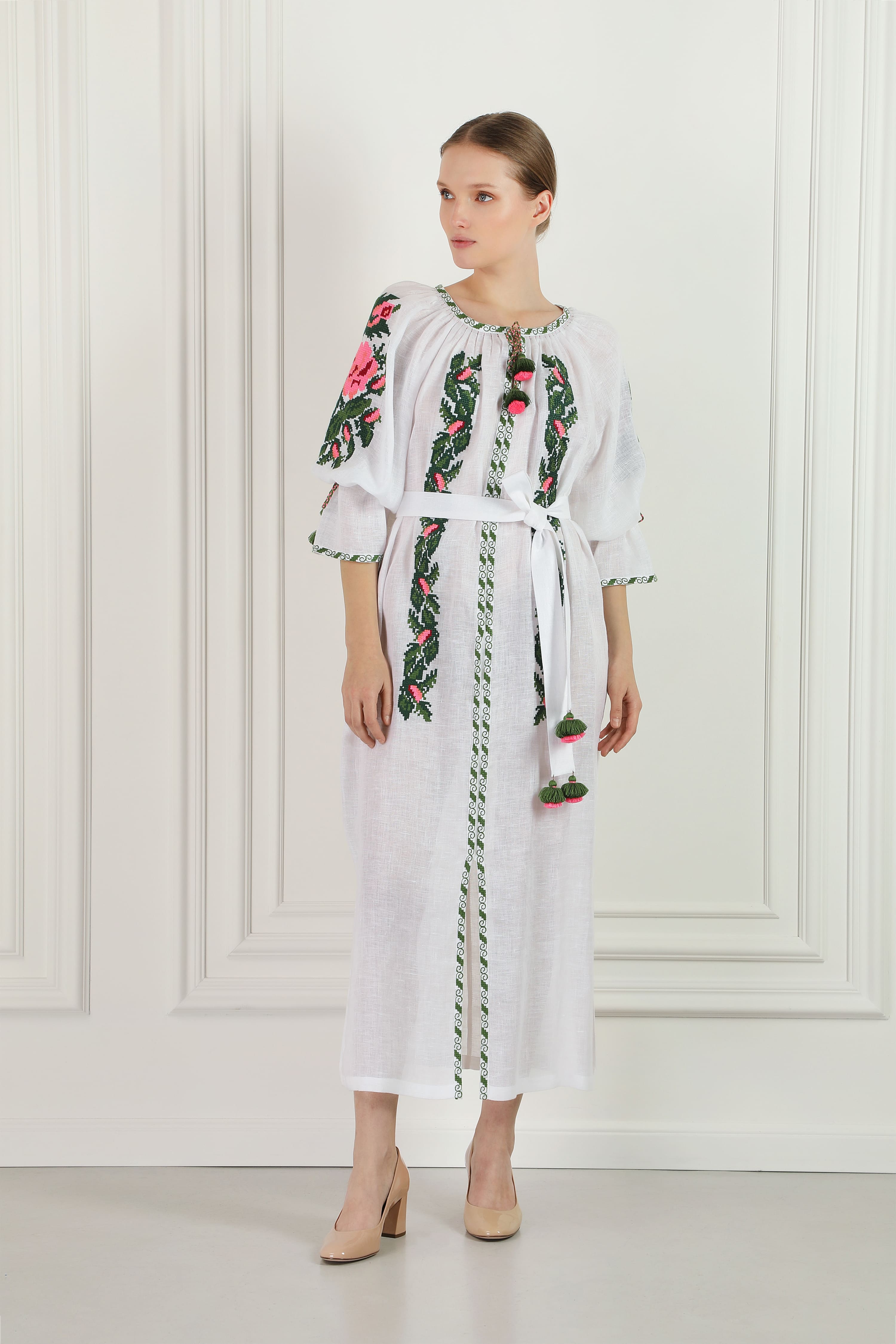 Floral Embroidered White Linen Beach Tunic Dress Foberini