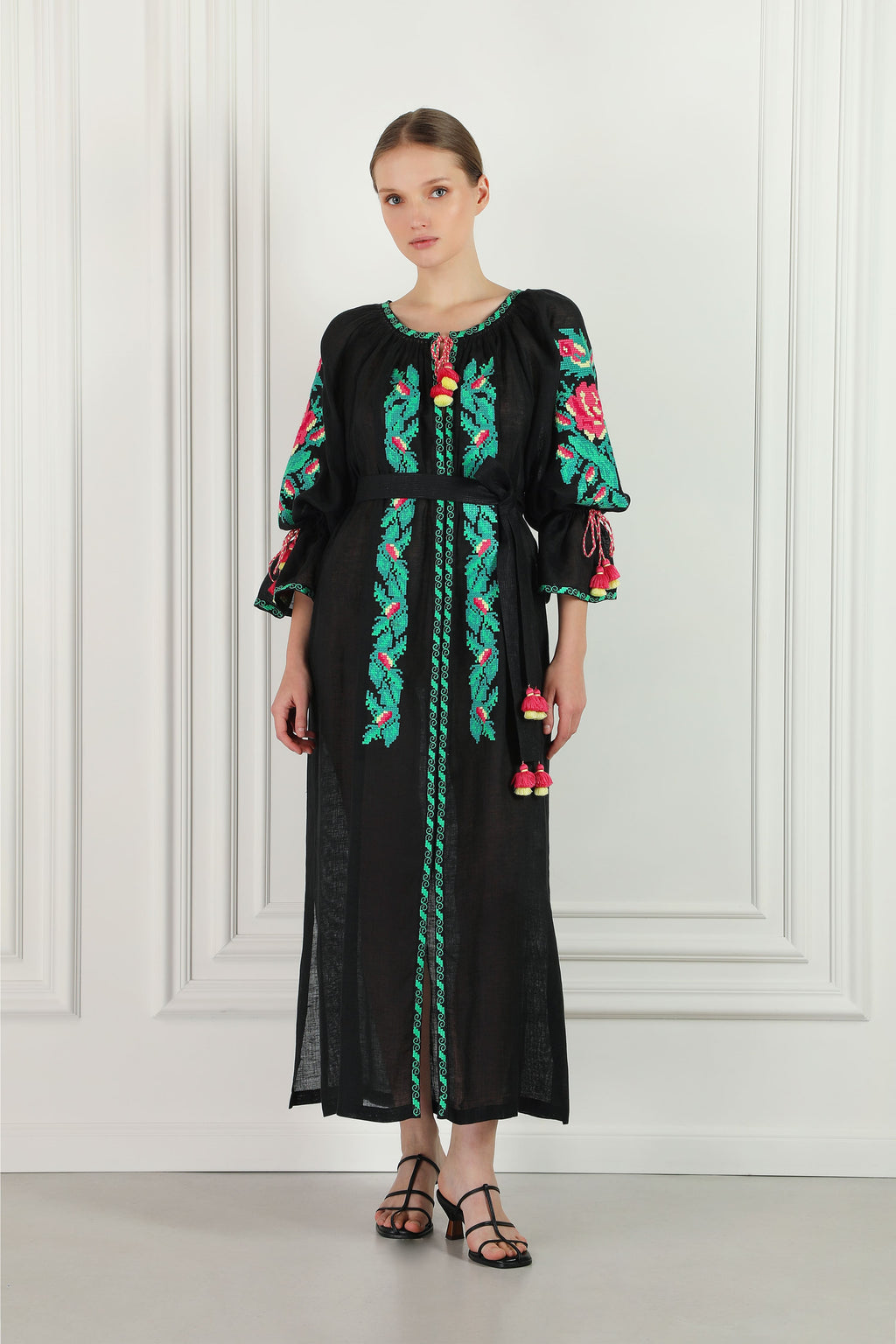 Oversized Floral Hand Embroidered Linen Beach Tunic