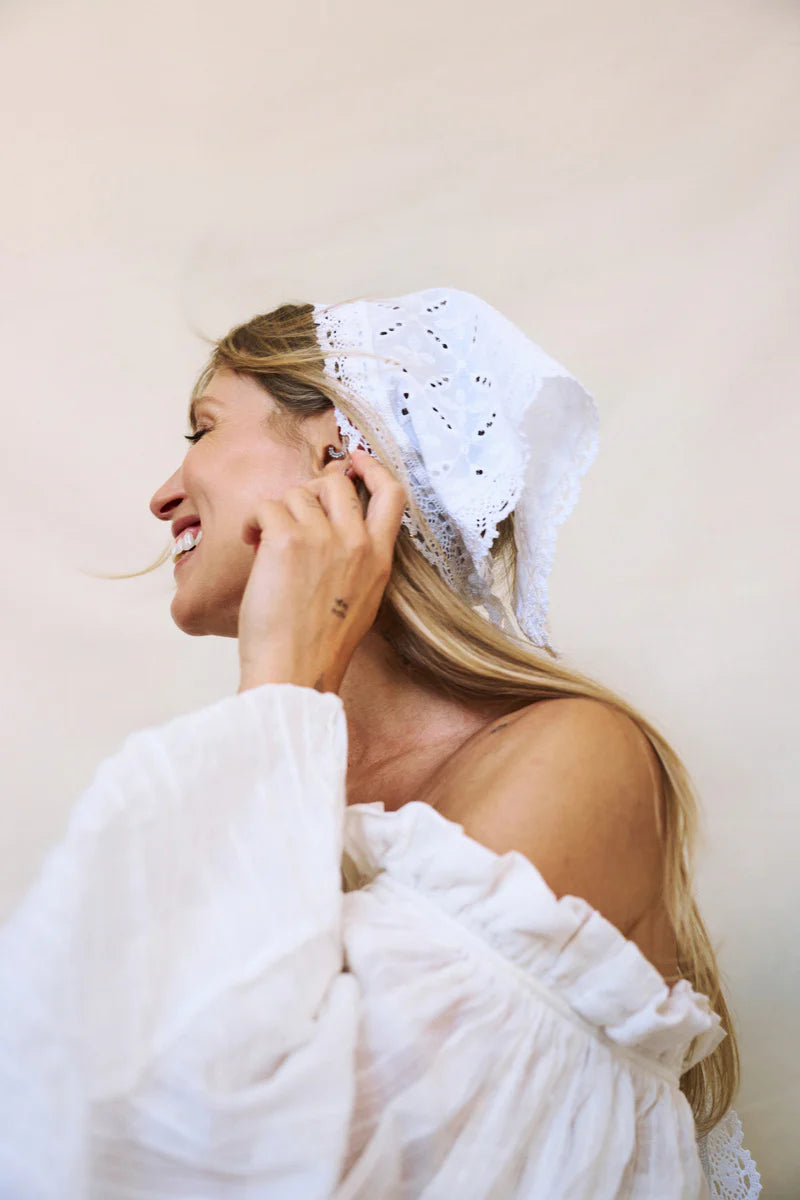 White embroidered cotton headscarf  Katerini Mou X Sorina Fredholm