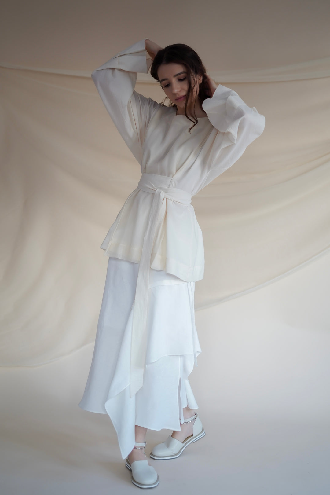 White Organic Cotton Wrap Blouse – Artisanal Kimono Poetic Alb