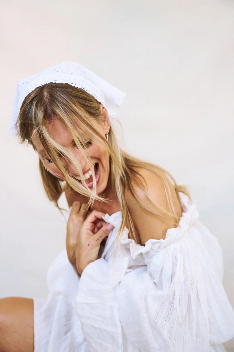 White embroidered cotton headscarf  Katerini Mou X Sorina Fredholm