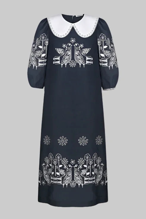 Embroidered Linen Mini Dress with Birds and Flowers Zozulya