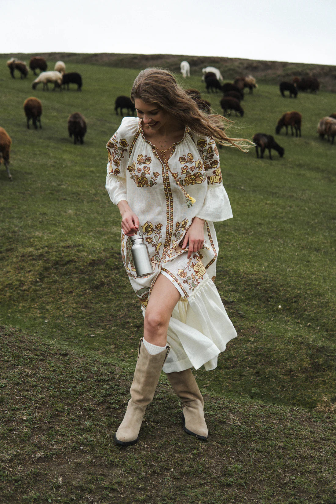 "Embroidery History" Linen Beige Maxi Dress Women FOBERINI