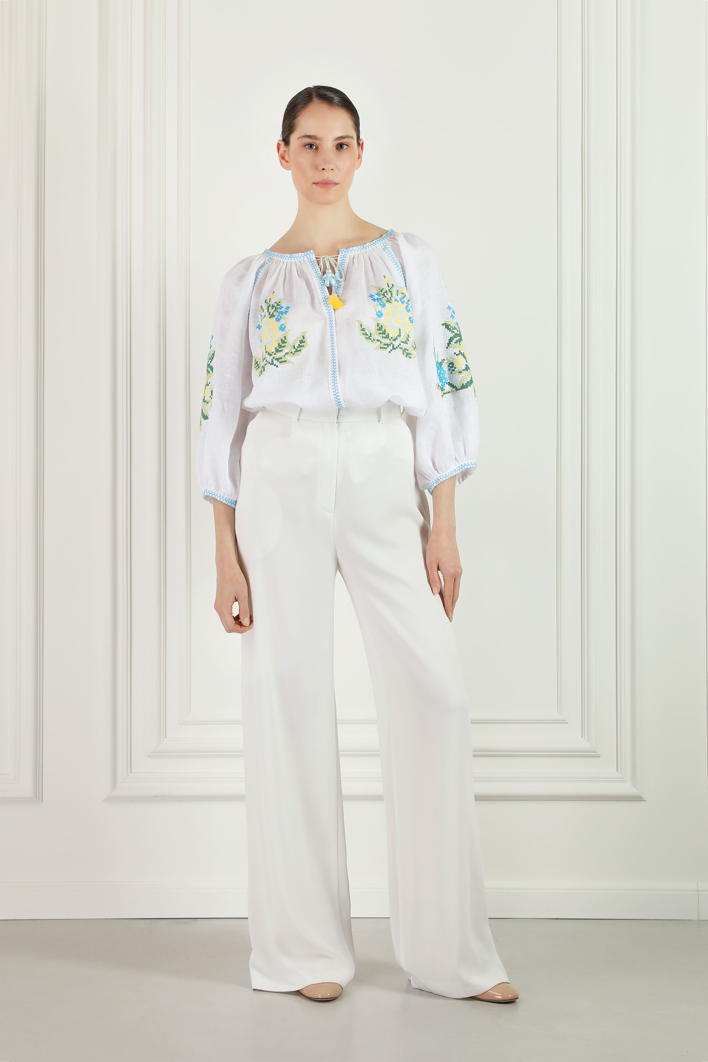 Embroidered white linen blouse with floral cross-stitch Evelyn