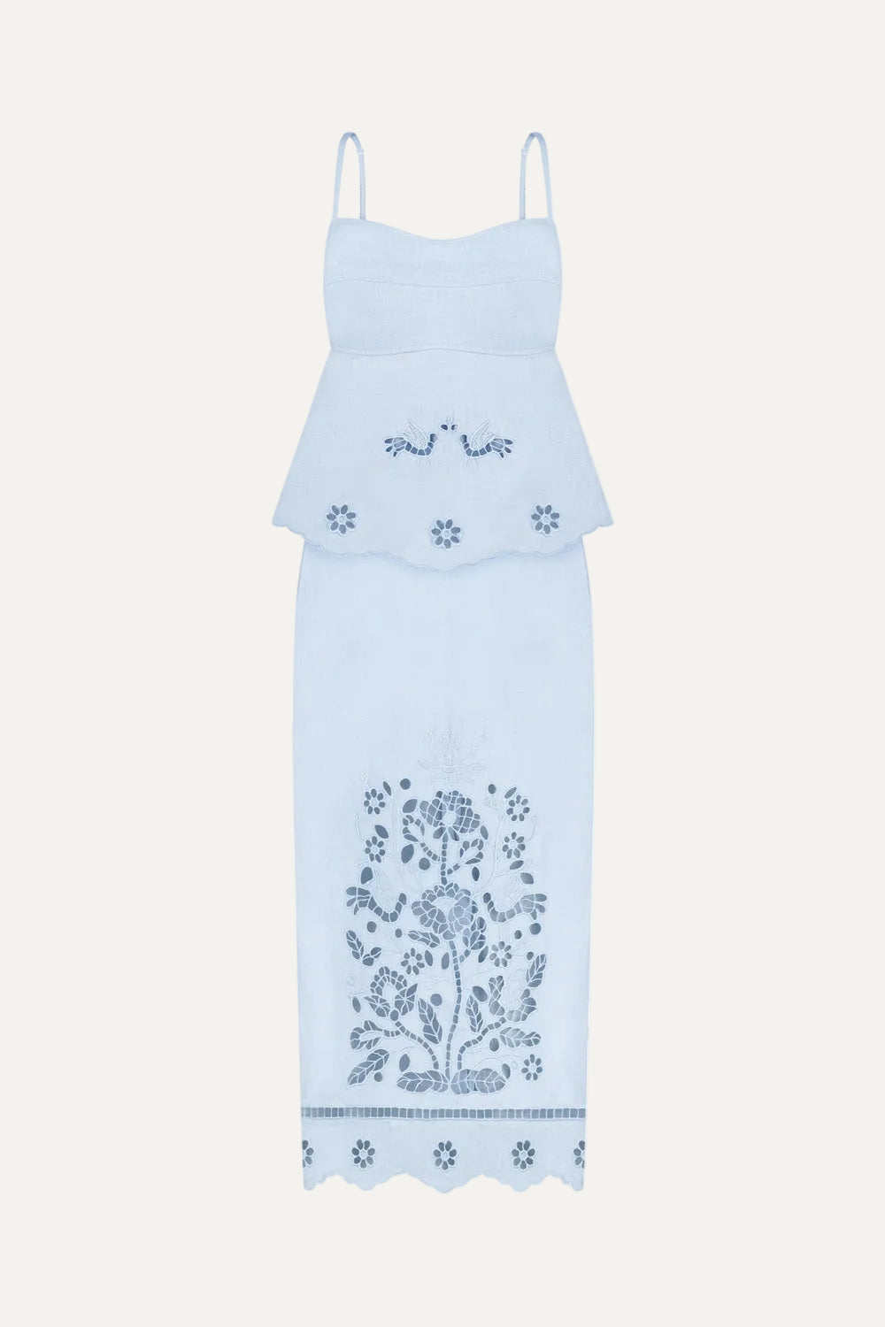 Light blue dress with floral embroidery on a white background