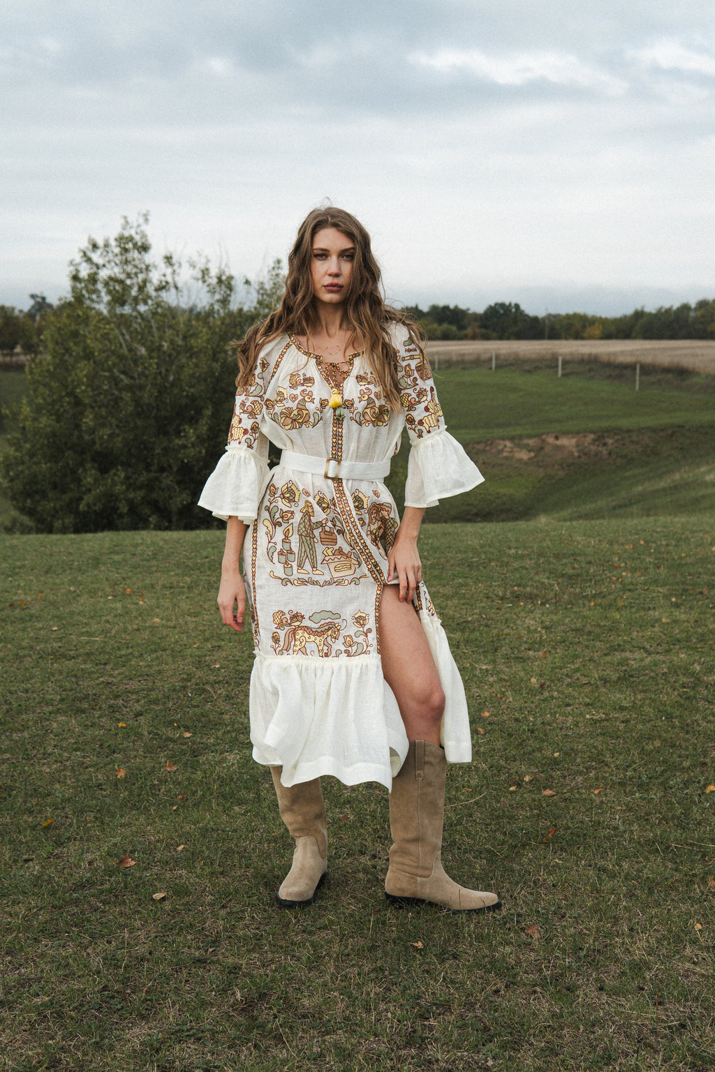 "Embroidery History" Linen Beige Maxi Dress Women FOBERINI