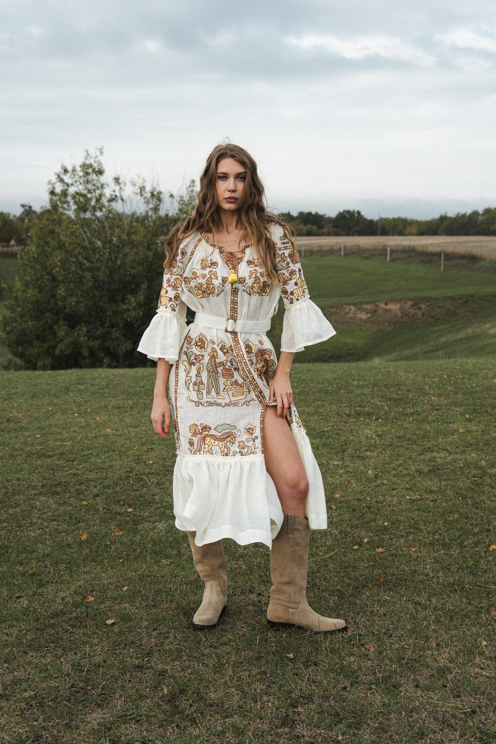 "Embroidery History" Linen Beige Maxi Dress Women FOBERINI