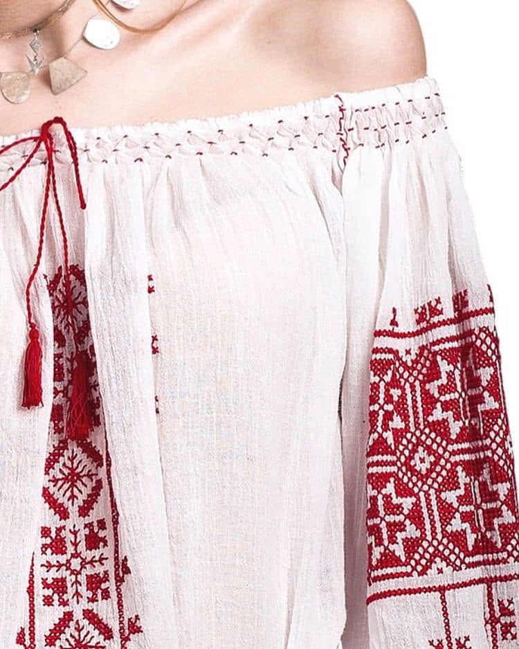Off-Shoulder Hand-Embroidered Cross-stitched Blouse Roumaine in Red