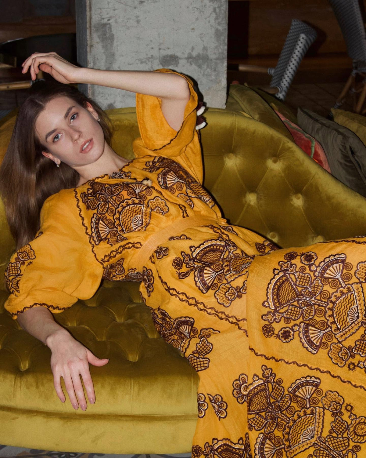 Mustard linen maxi dress, tassel neck ties and side seam pocket detail