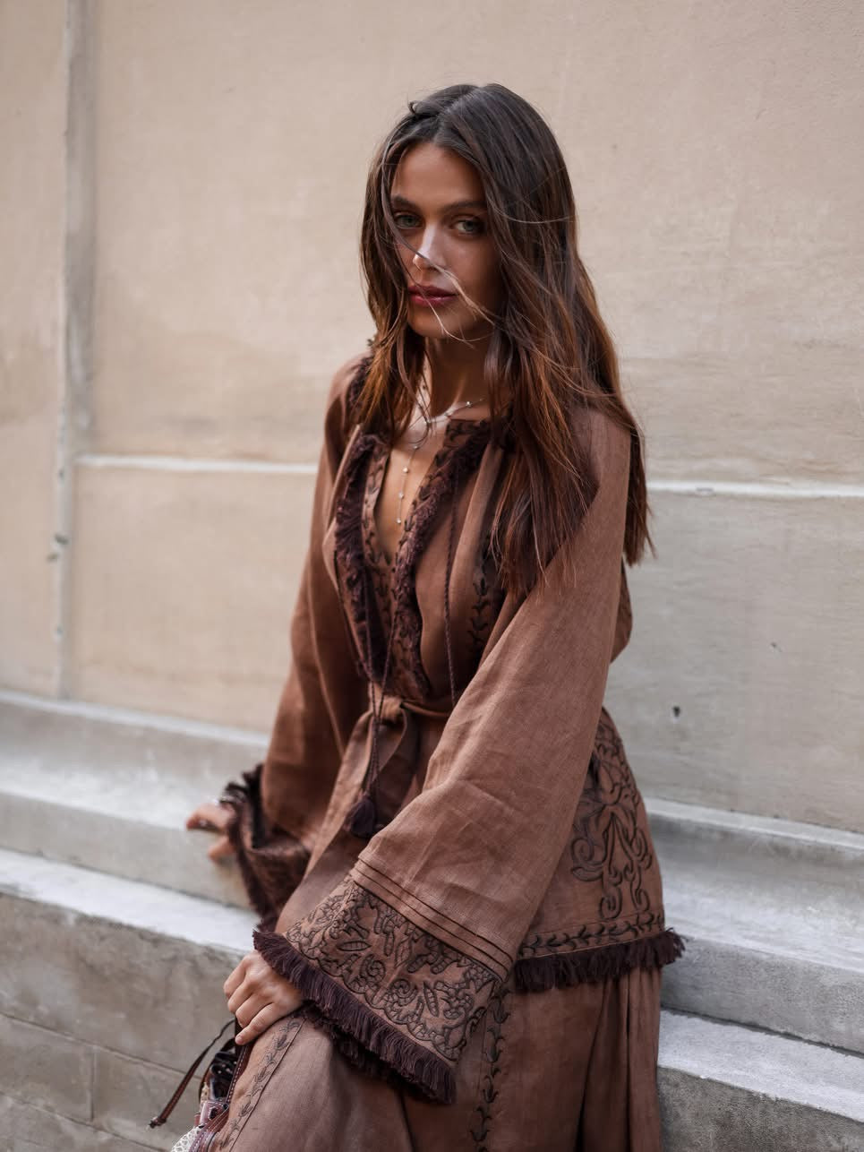 Eternal Heritage Brown Embroidered Linen Maxi Dress