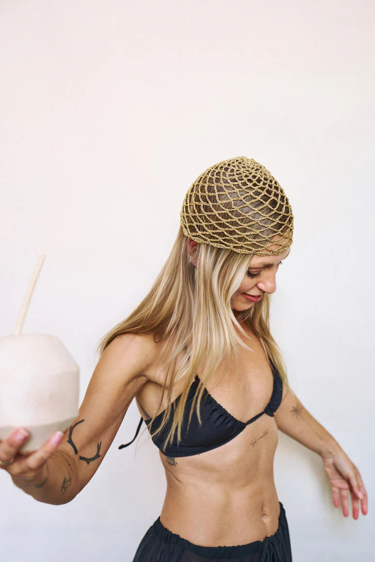 Katerini Mou X Sorina Fredholm crochet gold ecru beanie Tulum