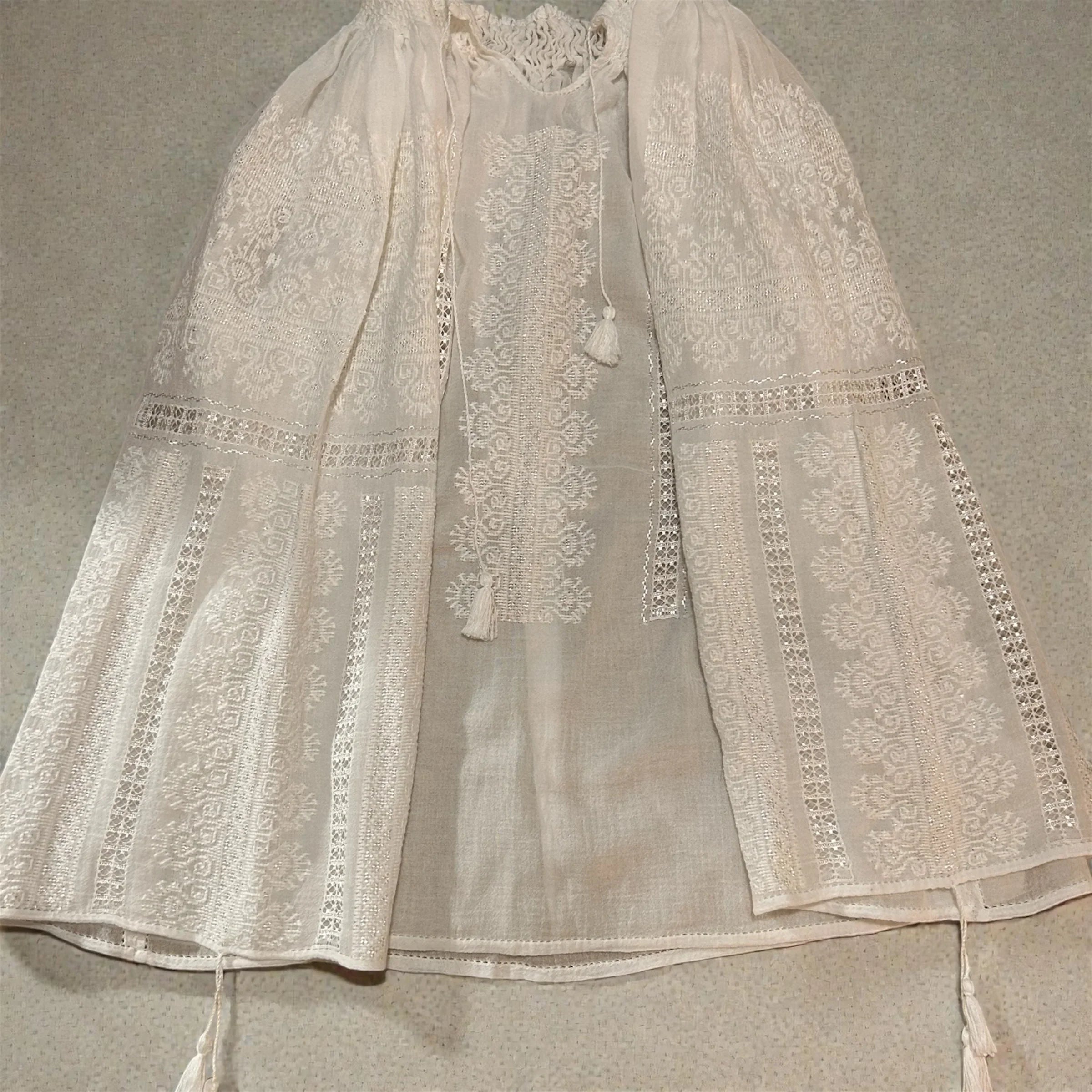 White Ram’s Horn motif hand cross-stitched silk and cotton blouse with ajour embroidery