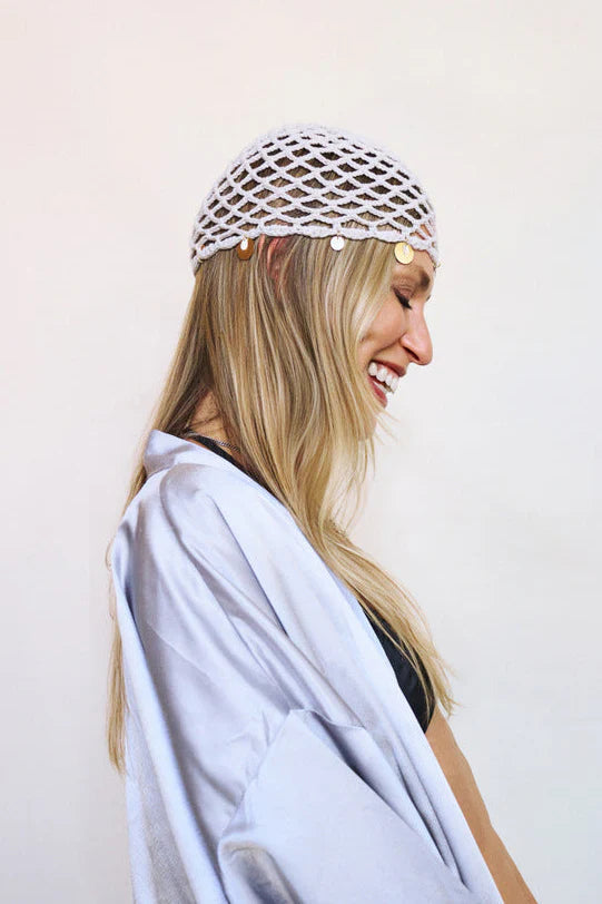 Katerini Mou X Sorina Fredholm white crochet beanie Bali