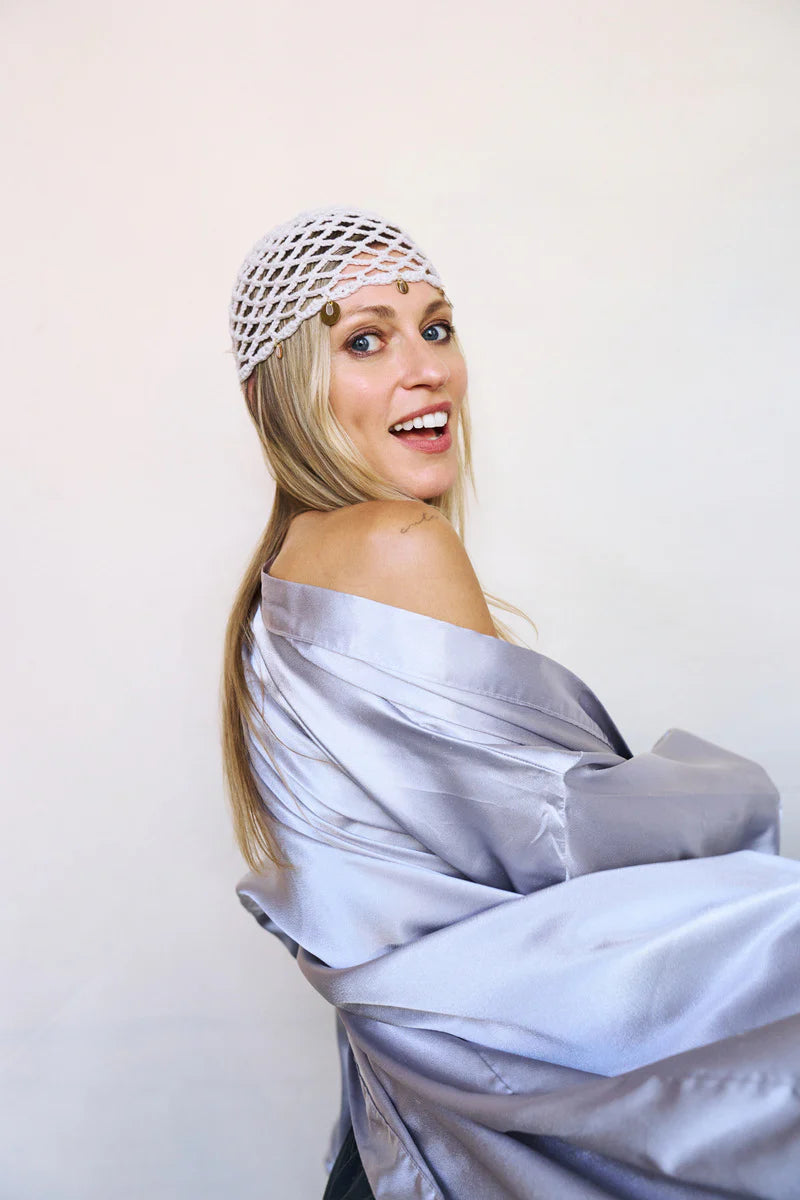 Katerini Mou X Sorina Fredholm white crochet beanie Bali