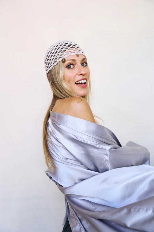 Katerini Mou X Sorina Fredholm white crochet beanie Bali