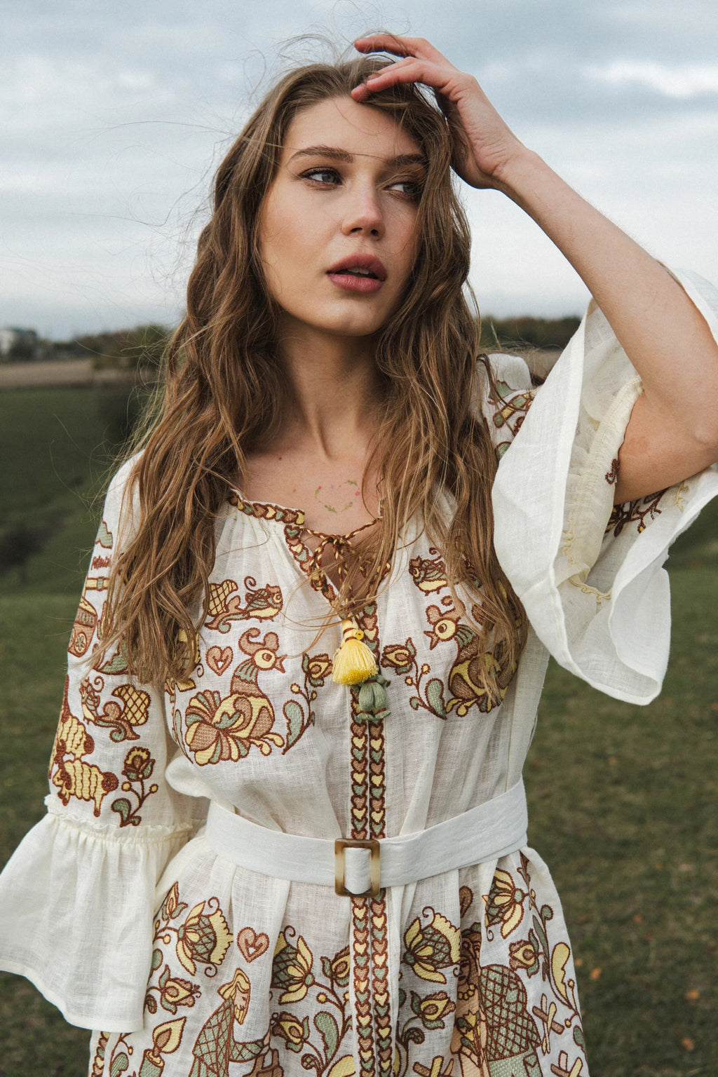 "Embroidery History" Linen Beige Maxi Dress Women FOBERINI