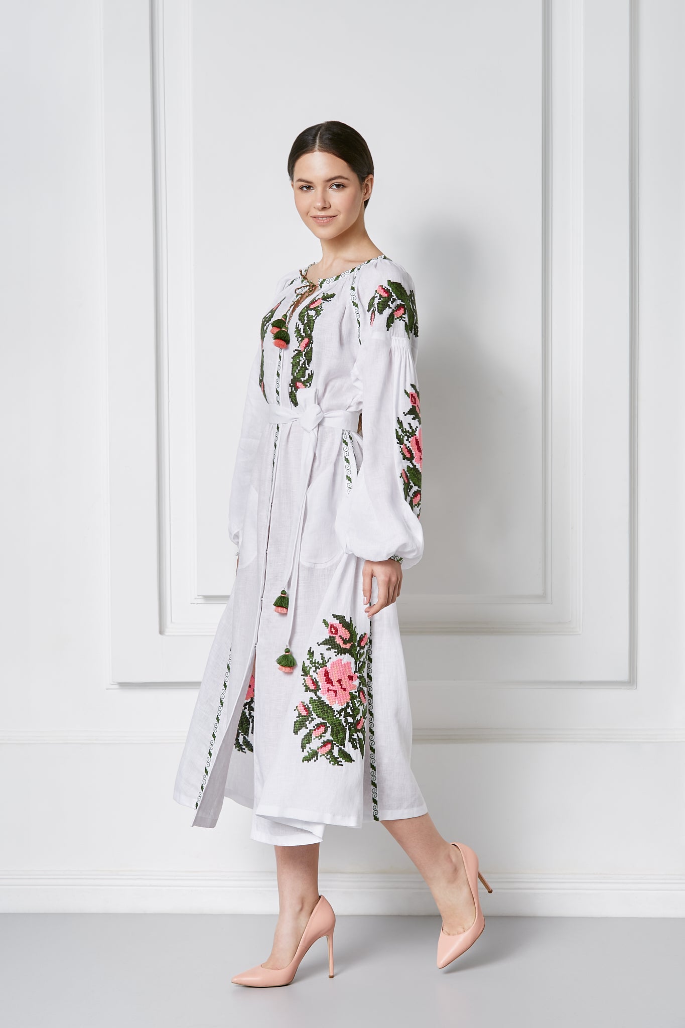 White linen dress with intricate floral cross-stitch embroidery Claire Chic