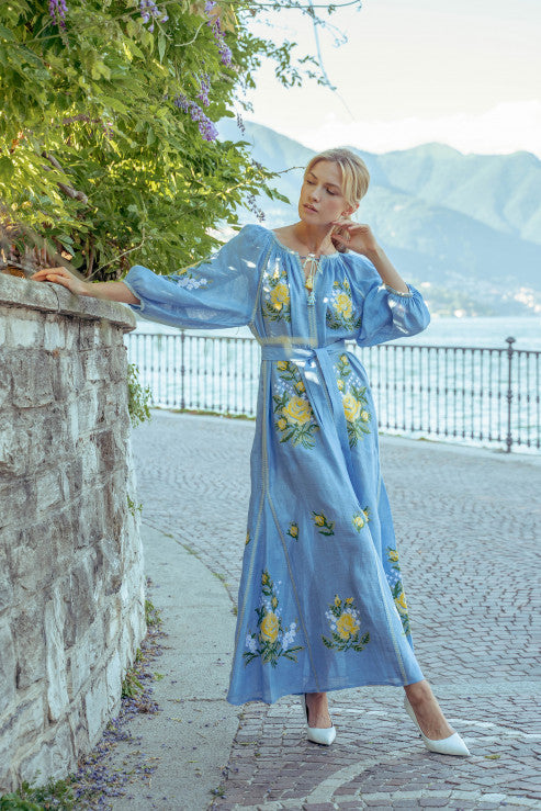 Floral linen embroidered maxi dress in light blue Evelyn