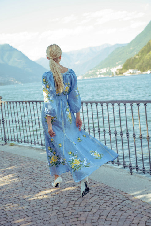 Floral linen embroidered maxi dress in light blue Evelyn