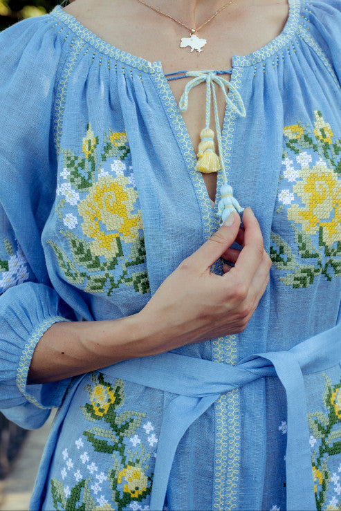 Floral linen embroidered maxi dress in light blue Evelyn