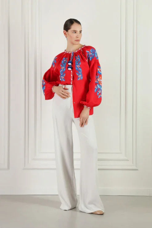 Red linen puff sleeved cross-stitch embroidered blouse Claire