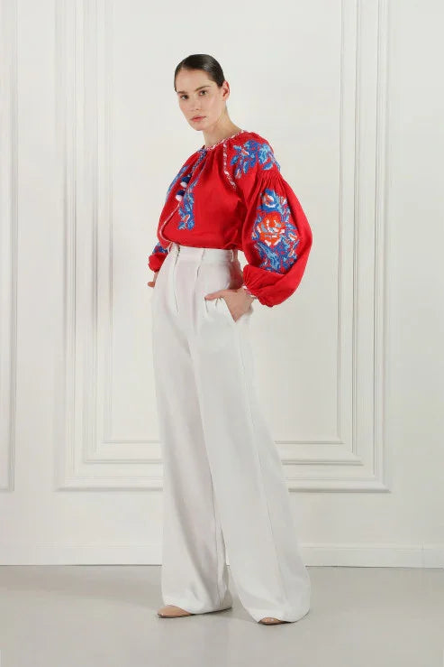 Red linen puff sleeved cross-stitch embroidered blouse Claire