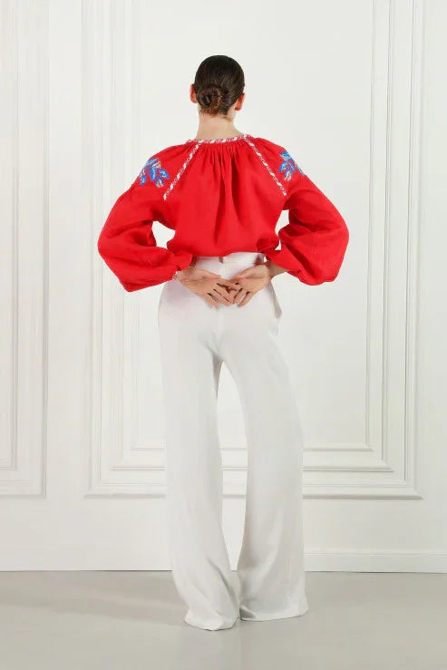 Red linen puff sleeved cross-stitch embroidered blouse Claire