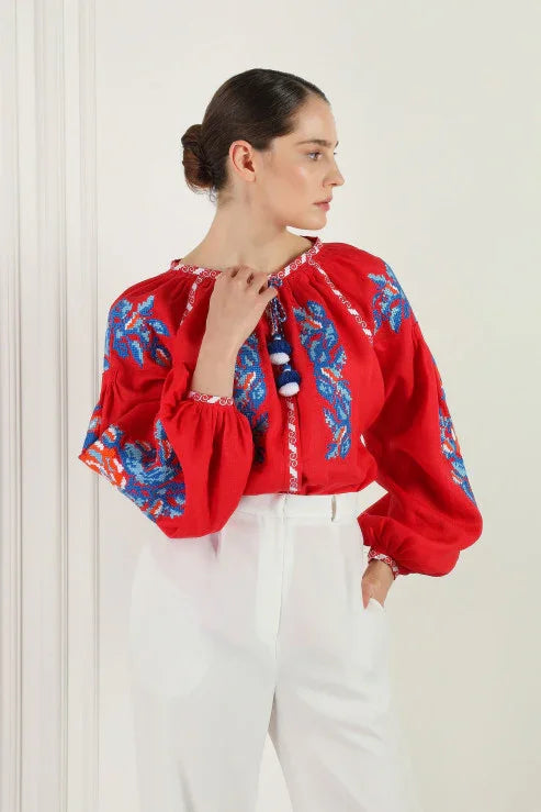 Red linen puff sleeved cross-stitch embroidered blouse Claire