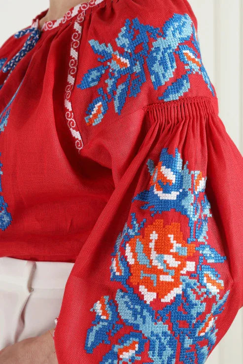 Red linen puff sleeved cross-stitch embroidered blouse Claire