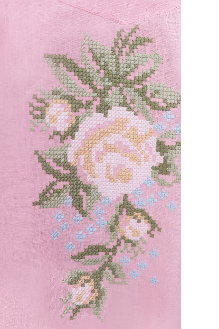 Summer Linen Co-Ord Set in Pink — Embroidered Shirt & Shorts, Traditional Floral Cross-stitch