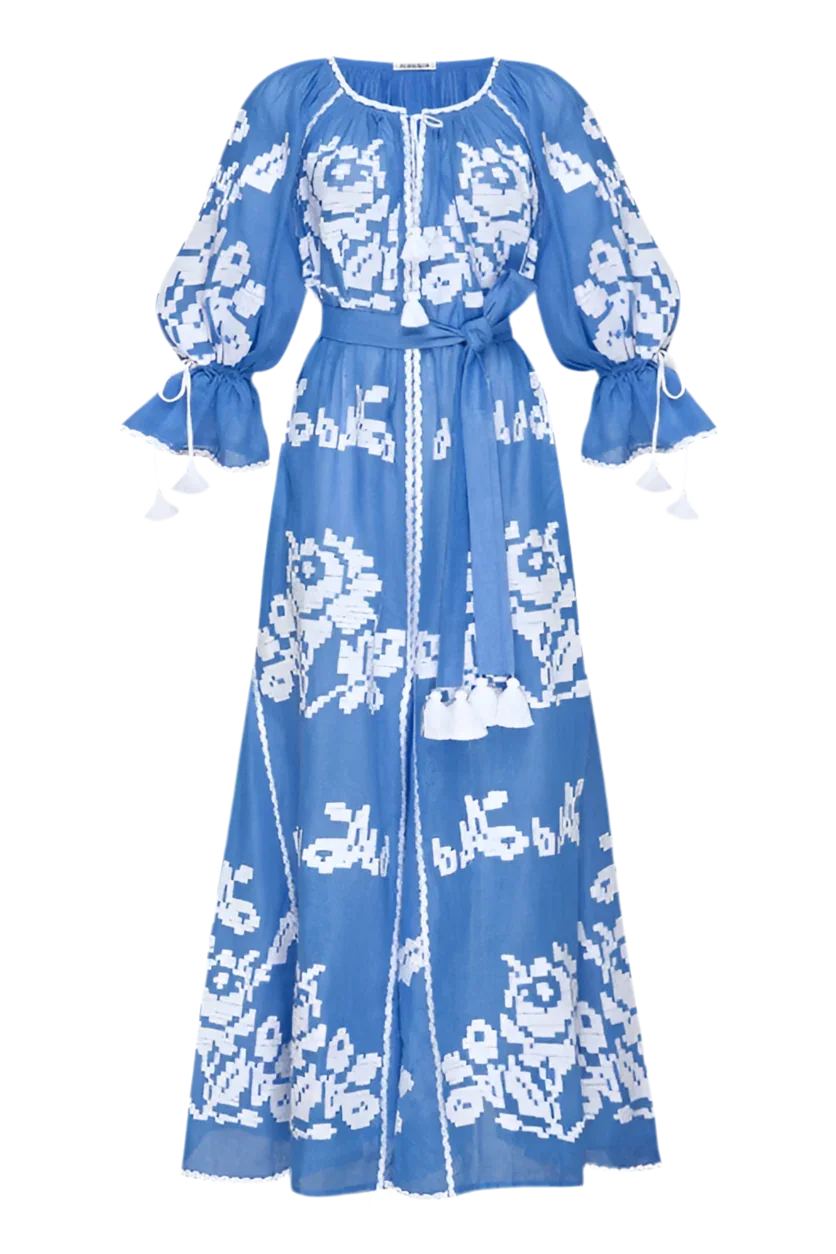 blue embroidered maxi dress linen bohemian luxury