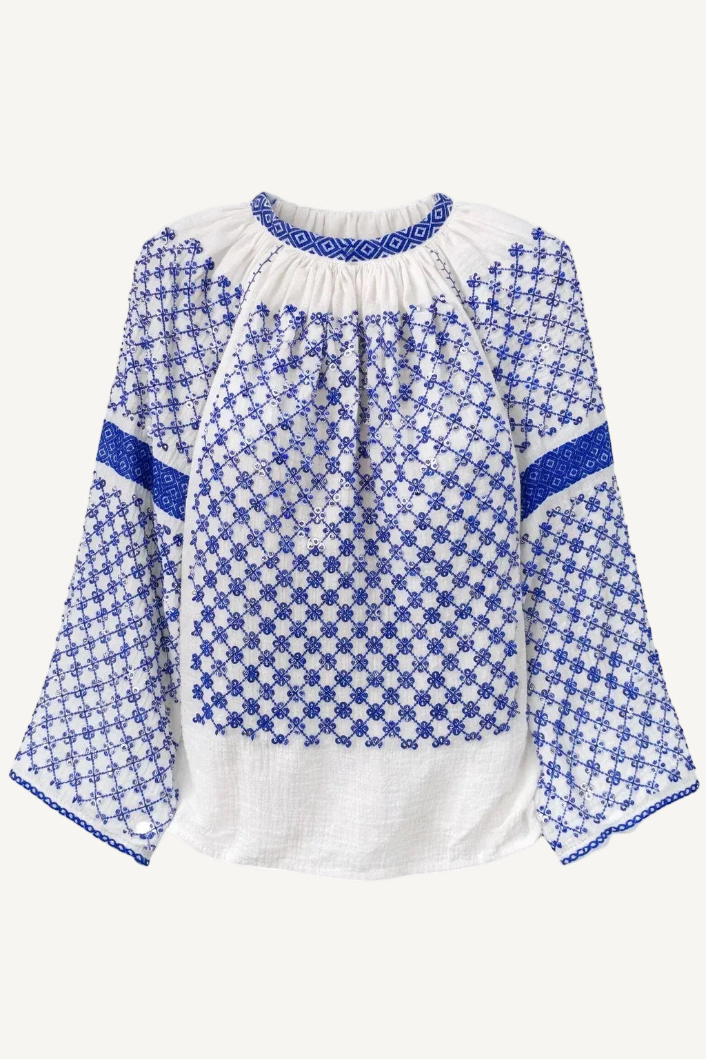 Blue and white checkered Romanian  blouse with bell sleeves on 