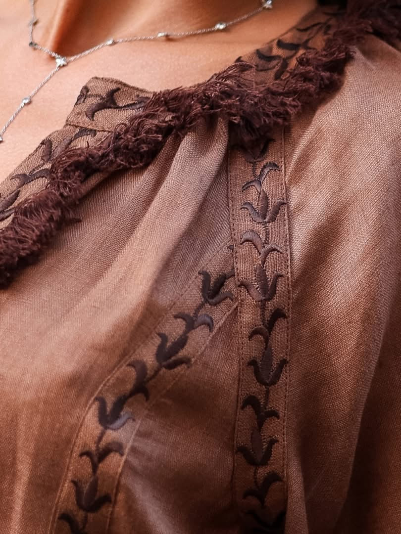 Eternal Heritage Brown Embroidered Linen Maxi Dress