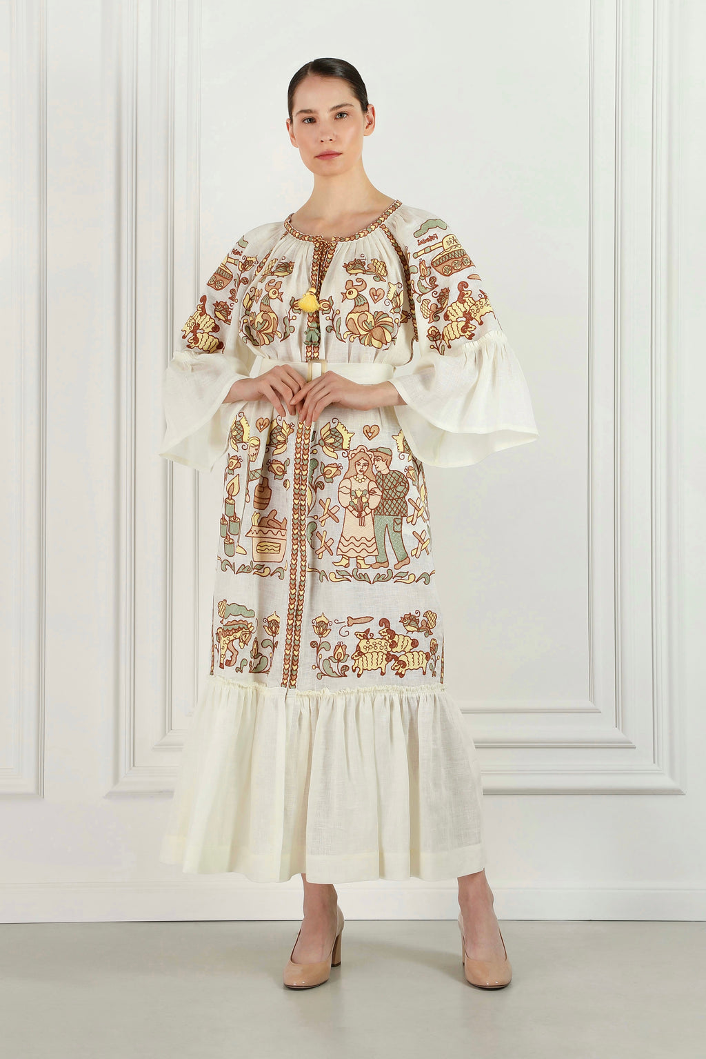 "Embroidery History" Linen Beige Maxi Dress Women FOBERINI