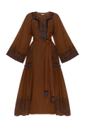 ANNABO Eternal Heritage brown linen maxi dress with contrasting artisanal embroidery
