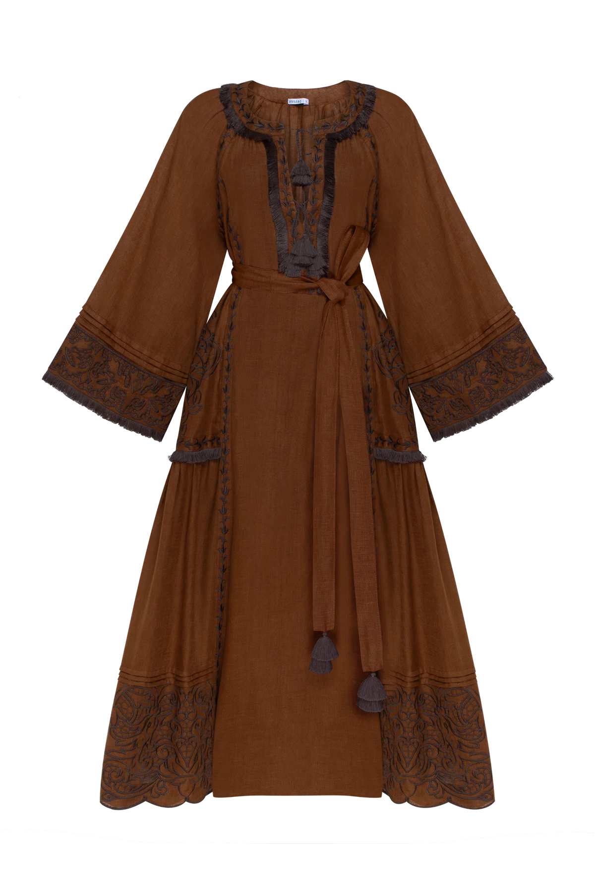 ANNABO Eternal Heritage brown linen maxi dress with contrasting artisanal embroidery